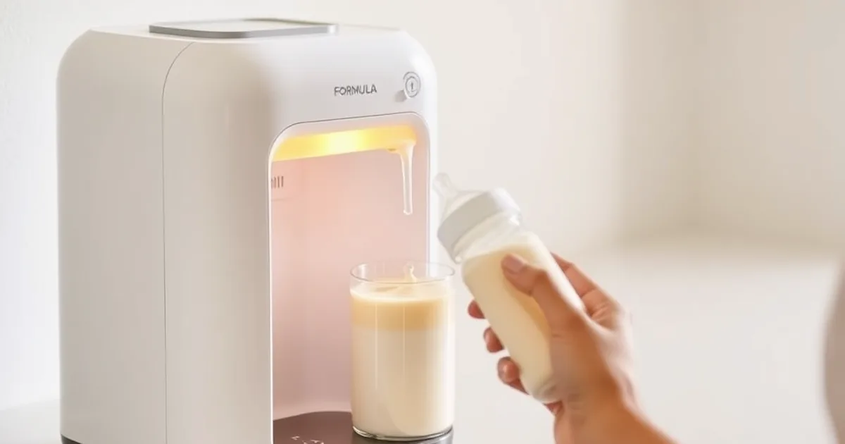 Best formula prep machines 2026 - automated formula dispenser preparing a warm baby bottle on a kitchen counter