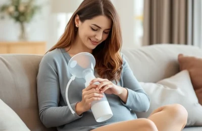 Best manual breast pumps 2026 - mother using a compact manual breast pump while sitting on a sofa
