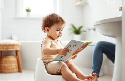 Best potty chairs 2026 - toddler sitting on a small white potty chair reading a picture book in a bathroom