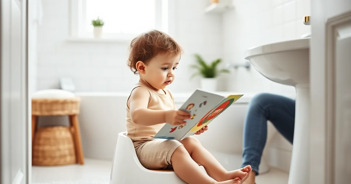 Best potty chairs 2026 - toddler sitting on a small white potty chair reading a picture book in a bathroom