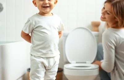 Best potty training pants 2026 - proud toddler in a t-shirt and training pants standing in a bright bathroom