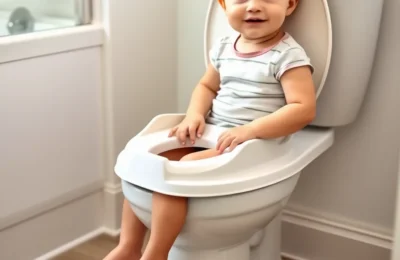 Best potty training seats 2026 - toddler sitting on a child potty seat fitted to a regular toilet with a step stool