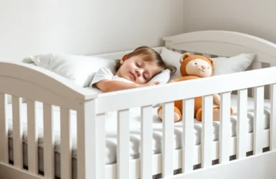 Best toddler beds 2026 - cozy toddler sleeping in a white wooden toddler bed with safety rails in a warm nursery