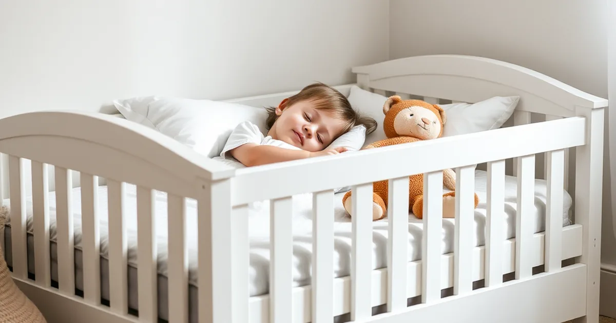 Best toddler beds 2026 - cozy toddler sleeping in a white wooden toddler bed with safety rails in a warm nursery