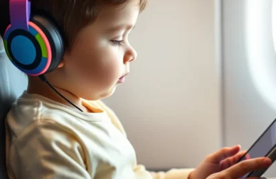 Best toddler headphones 2026 - toddler wearing colorful volume-limited kids headphones watching a tablet on an airplane