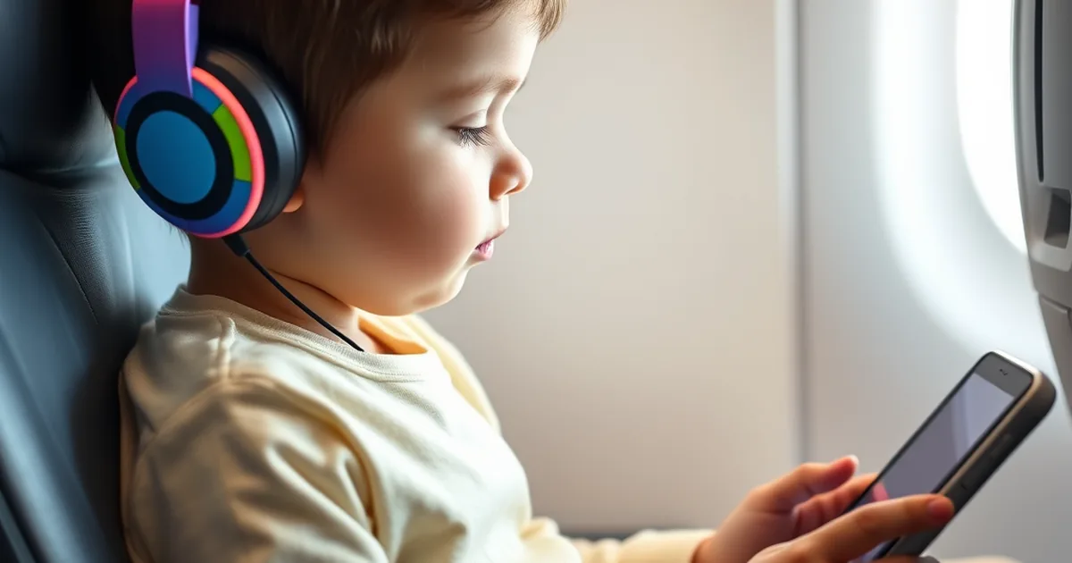 Best toddler headphones 2026 - toddler wearing colorful volume-limited kids headphones watching a tablet on an airplane