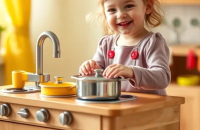 Best toddler play kitchens 2026 - happy child playing in a premium wooden toy kitchen with pots and pans