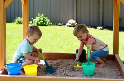Best toddler sandboxes 2026 - two toddlers digging in a covered cedar sandbox in a sunny backyard