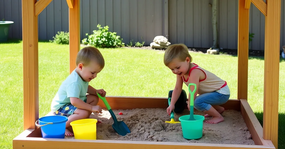Best toddler sandboxes 2026 - two toddlers digging in a covered cedar sandbox in a sunny backyard
