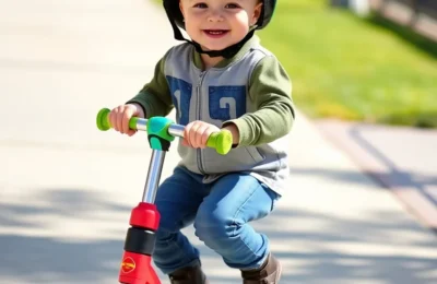 Best toddler scooters 2026 - happy child riding a colorful kick scooter on a sunny sidewalk wearing a helmet