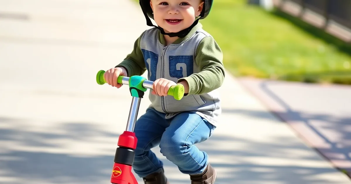 Best toddler scooters 2026 - happy child riding a colorful kick scooter on a sunny sidewalk wearing a helmet