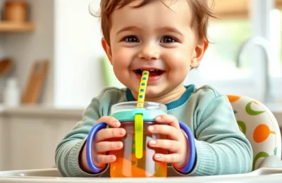 Best toddler sippy cups 2026 - toddler in a high chair drinking from a colorful straw cup with handles