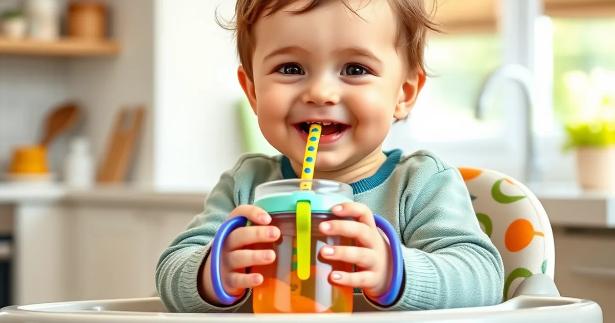Best toddler sippy cups 2026 - toddler in a high chair drinking from a colorful straw cup with handles