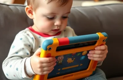 Best toddler tablets 2026 - toddler holding a kids tablet in a thick protective case watching an educational app