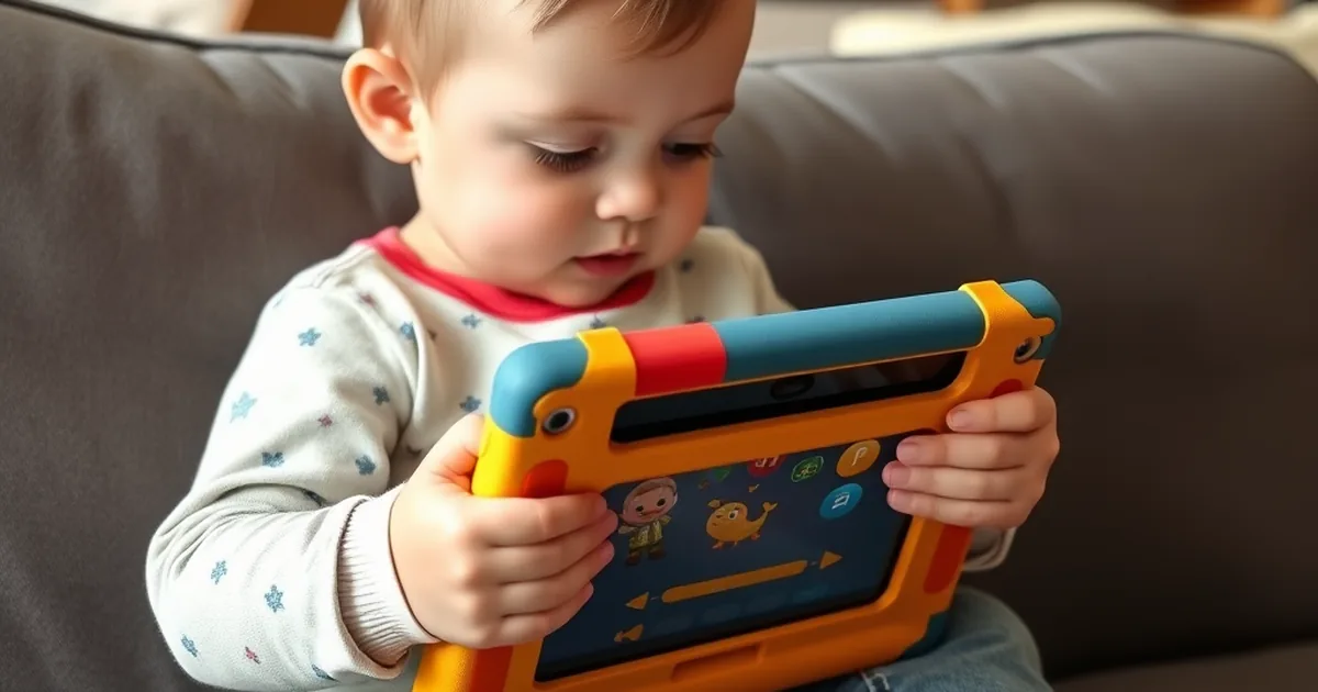 Best toddler tablets 2026 - toddler holding a kids tablet in a thick protective case watching an educational app