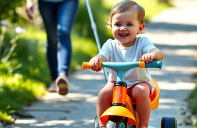 Best toddler tricycles 2026 - happy toddler riding a colorful tricycle on a sunny path with parent walking behind