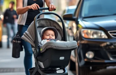 Doona vs nuna pipa - parent rolling an infant car seat with built-in wheels along a city sidewalk
