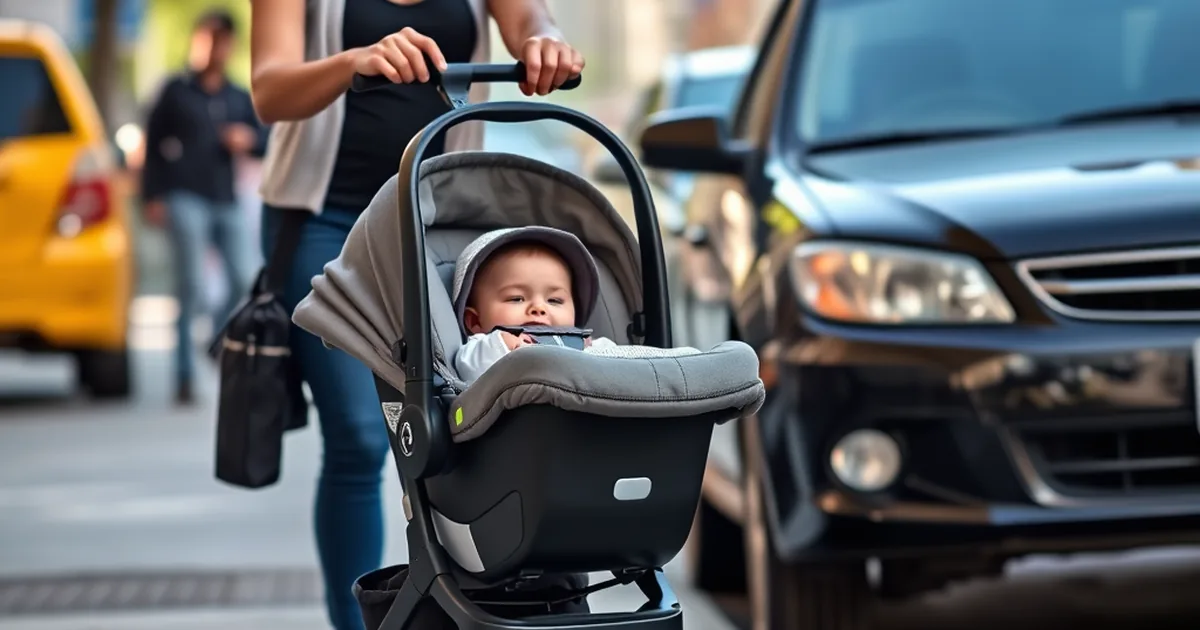 Doona vs nuna pipa - parent rolling an infant car seat with built-in wheels along a city sidewalk