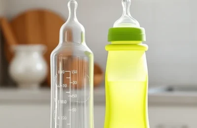 Dr browns vs comotomo - a rigid narrow baby bottle and a soft wide silicone bottle side by side