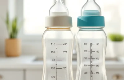 Dr browns vs avent - two clear baby bottles with different nipple shapes side by side on a kitchen counter