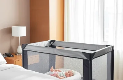 Guava lotus vs babybjorn travel crib - lightweight mesh travel crib set up in a hotel room next to a bed
