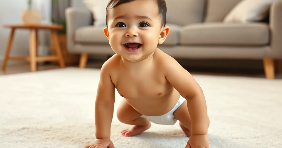 Little snugglers vs little movers - crawling baby in a plain diaper on a living room rug