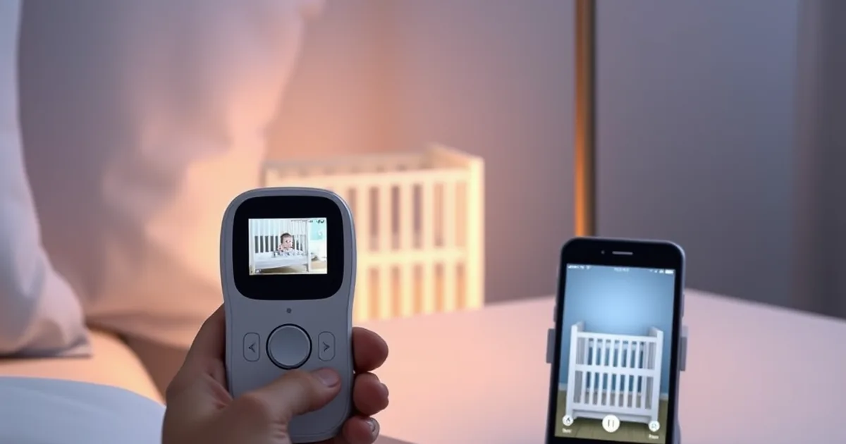 Infant optics vs nanit - handheld baby monitor screen on a nightstand next to a smartphone showing a crib