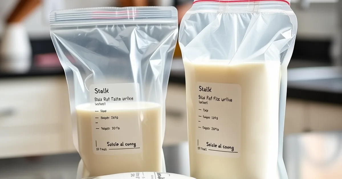 Lansinoh vs medela storage bags - breast milk storage bags, one standing and one lying flat, on a kitchen counter