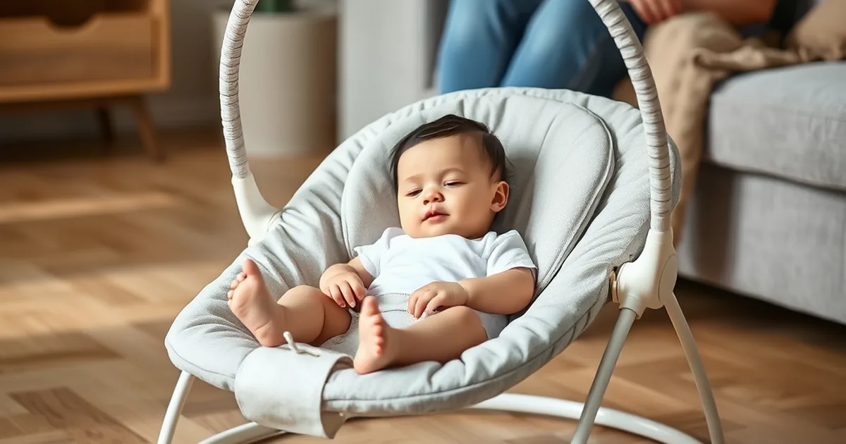 Mamaroo vs babybjorn bouncer - calm baby in a simple fabric bouncer seat in a bright living room