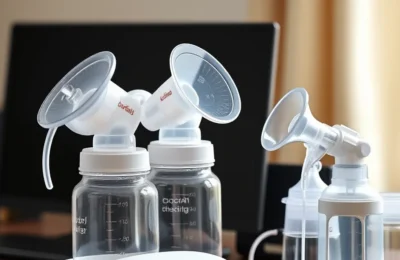 Medela freestyle vs pump in style - double electric breast pump with bottles on a desk next to a compact hands-free pump