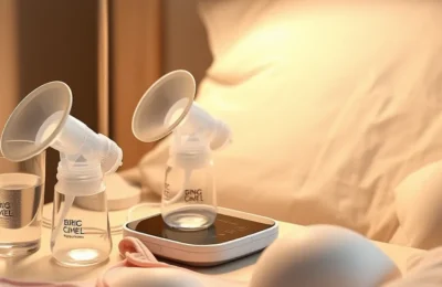 Momcozy vs elvie - wearable breast pump units charging on a nightstand beside a nursing bra
