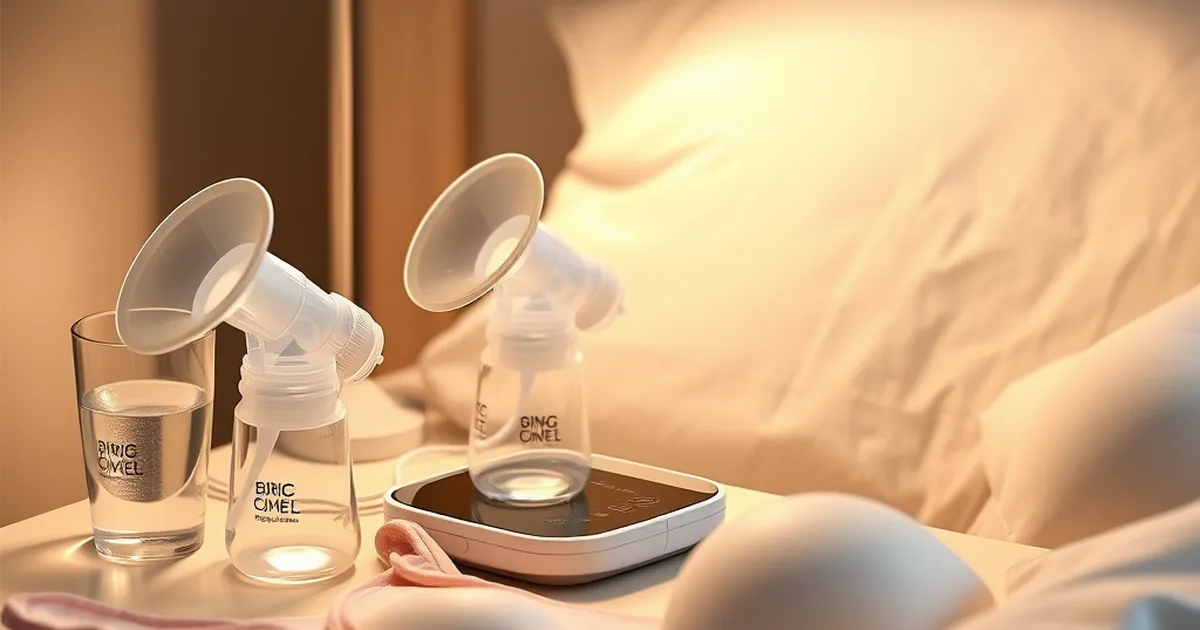 Momcozy vs elvie - wearable breast pump units charging on a nightstand beside a nursing bra