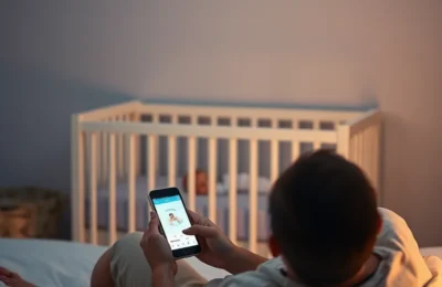 Nanit vs owlet - parent checking a baby monitor app on a phone beside a crib at night