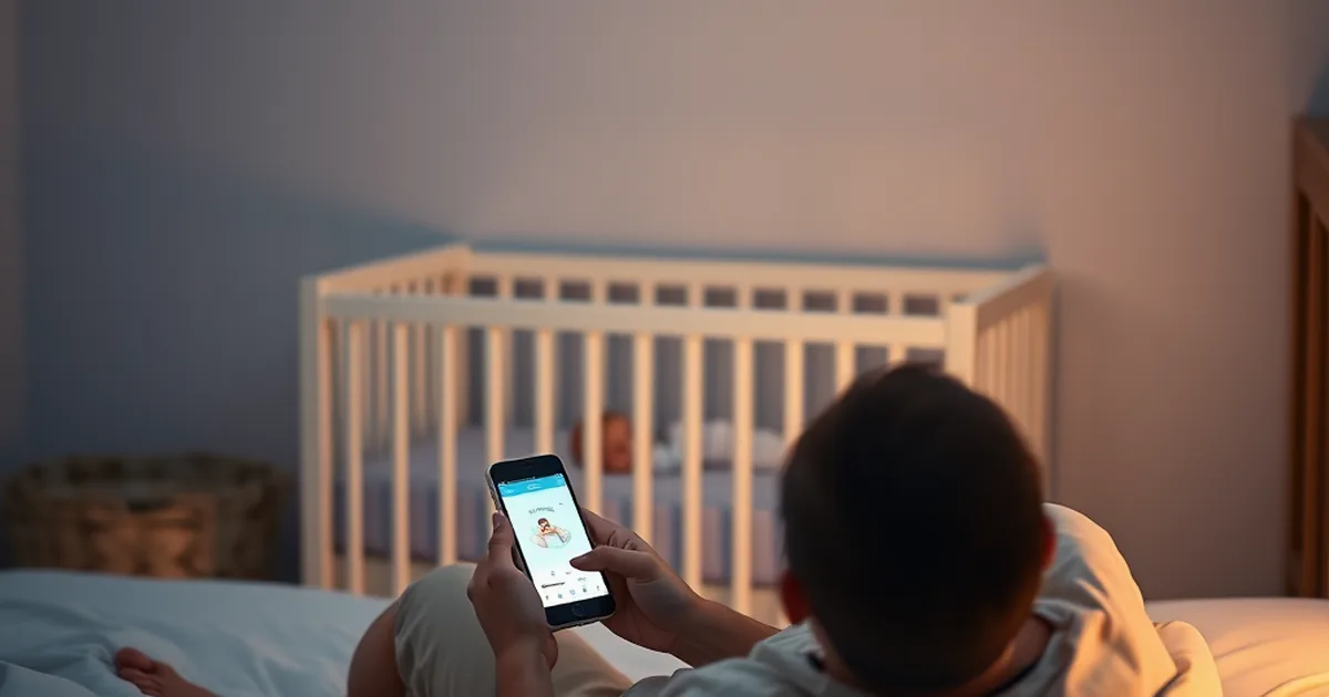 Nanit vs owlet - parent checking a baby monitor app on a phone beside a crib at night