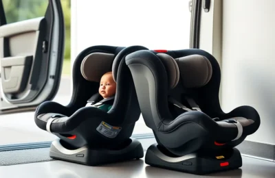 Nuna pipa vs uppababy mesa - two infant car seats side by side on a garage floor beside an open car door