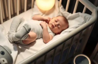 Owlet dream sock vs dream duo - sleeping baby wearing a smart monitoring sock with a glowing base station nearby