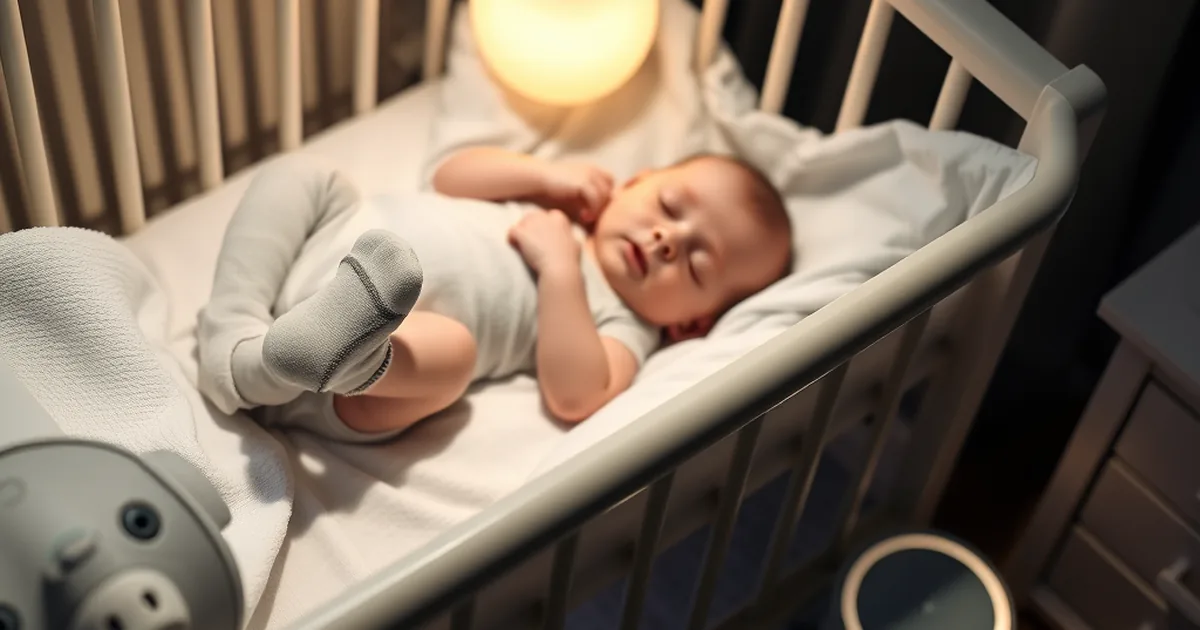 Owlet dream sock vs dream duo - sleeping baby wearing a smart monitoring sock with a glowing base station nearby
