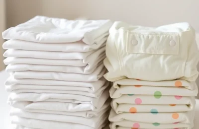 Pampers pure vs swaddlers - two stacks of plain diapers, one with soft patterns, on a changing table