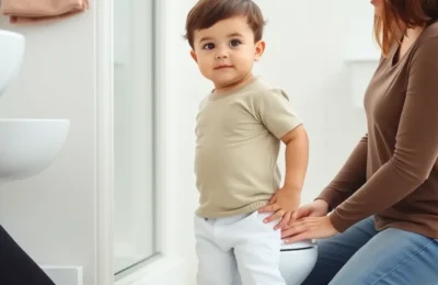 Pull ups vs easy ups - toddler in a t-shirt and plain training pants standing next to a small potty