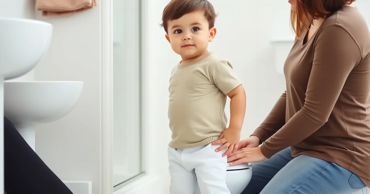 Pull ups vs easy ups - toddler in a t-shirt and plain training pants standing next to a small potty