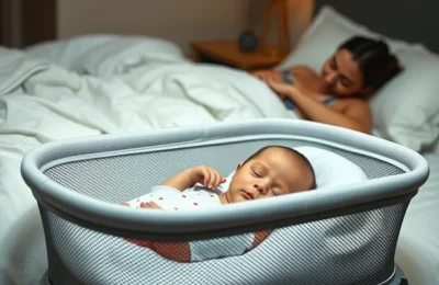 Snoo vs halo bassinest - newborn sleeping in a mesh-sided bedside bassinet next to a parent's bed