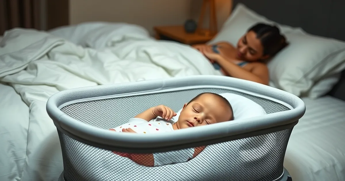 Snoo vs halo bassinest - newborn sleeping in a mesh-sided bedside bassinet next to a parent's bed