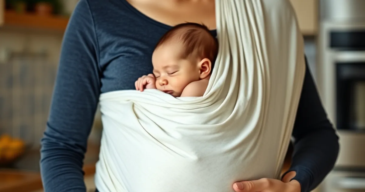 Solly vs moby wrap - parent wearing a newborn in a soft stretchy fabric wrap at home