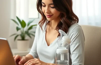 Spectra vs medela - mother using a double electric breast pump at a desk with a laptop