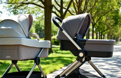 Uppababy vista vs cruz - two premium full-size strollers parked side by side on a sunny sidewalk